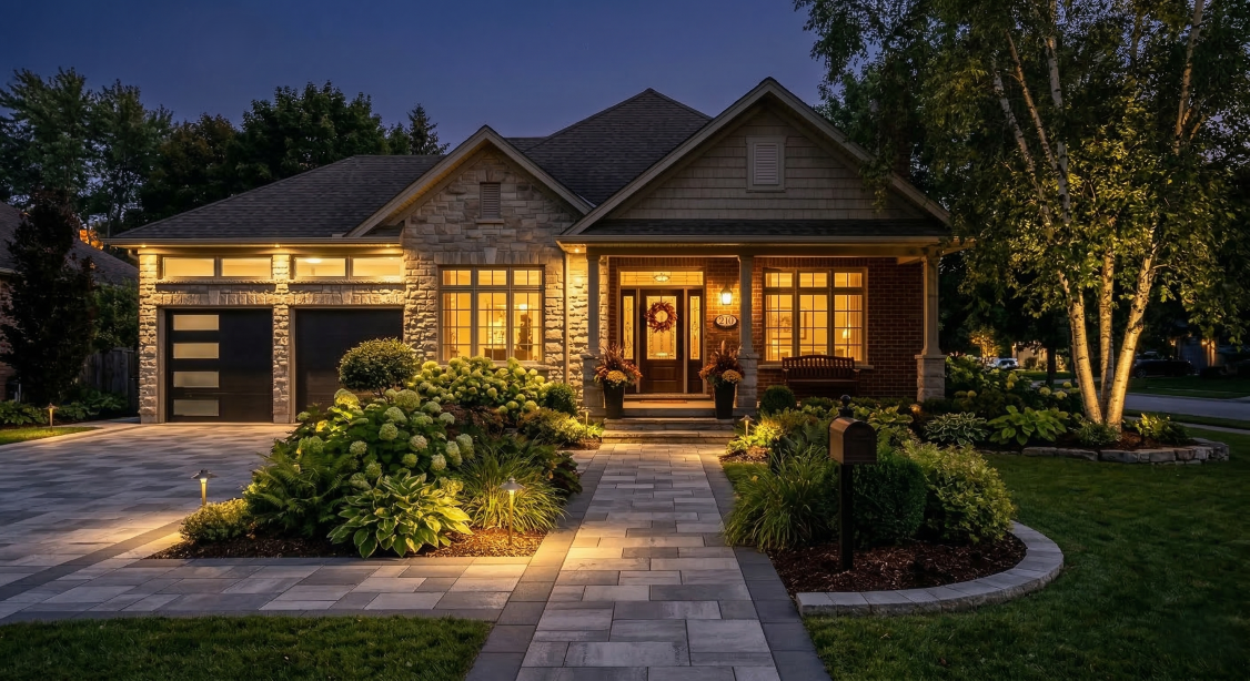 Beautiful interlock and landscaping in front of house Dricon