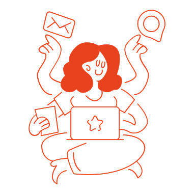 Line drawing of a smiling woman with curly hair sitting cross-legged, using a laptop with a star on the screen, surrounded by four floating icons: an envelope, a map pin, a phone, and a photo.