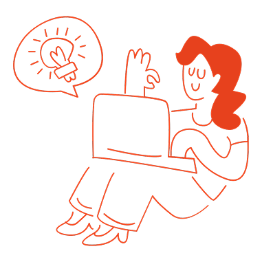 A person with curly hair sitting cross-legged with a laptop, smiling with one hand raised, and a speech bubble with a light bulb inside representing an idea or creativity.