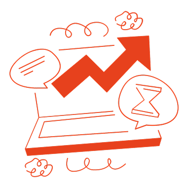 Red line graph with an upward arrow, surrounded by scribbles, speech bubbles, and an hourglass icon on a black background.
