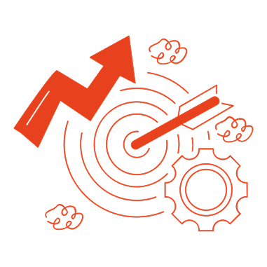 Icon of a bullseye target with a dart hitting the center, an upward trending arrow, cloud icons, and a gear, symbolizing goal achievement, growth, and process improvement.