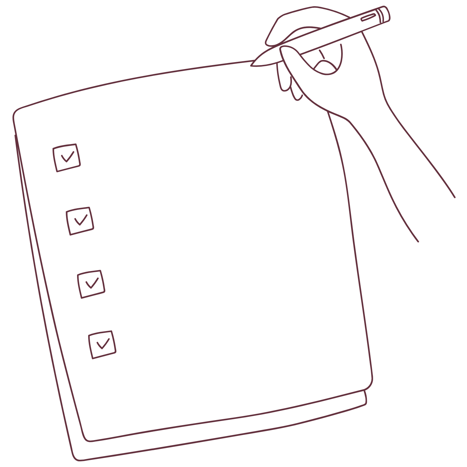 Outline of a checklist with five items, with a hand holding a pen writing on a tablet or notepad.