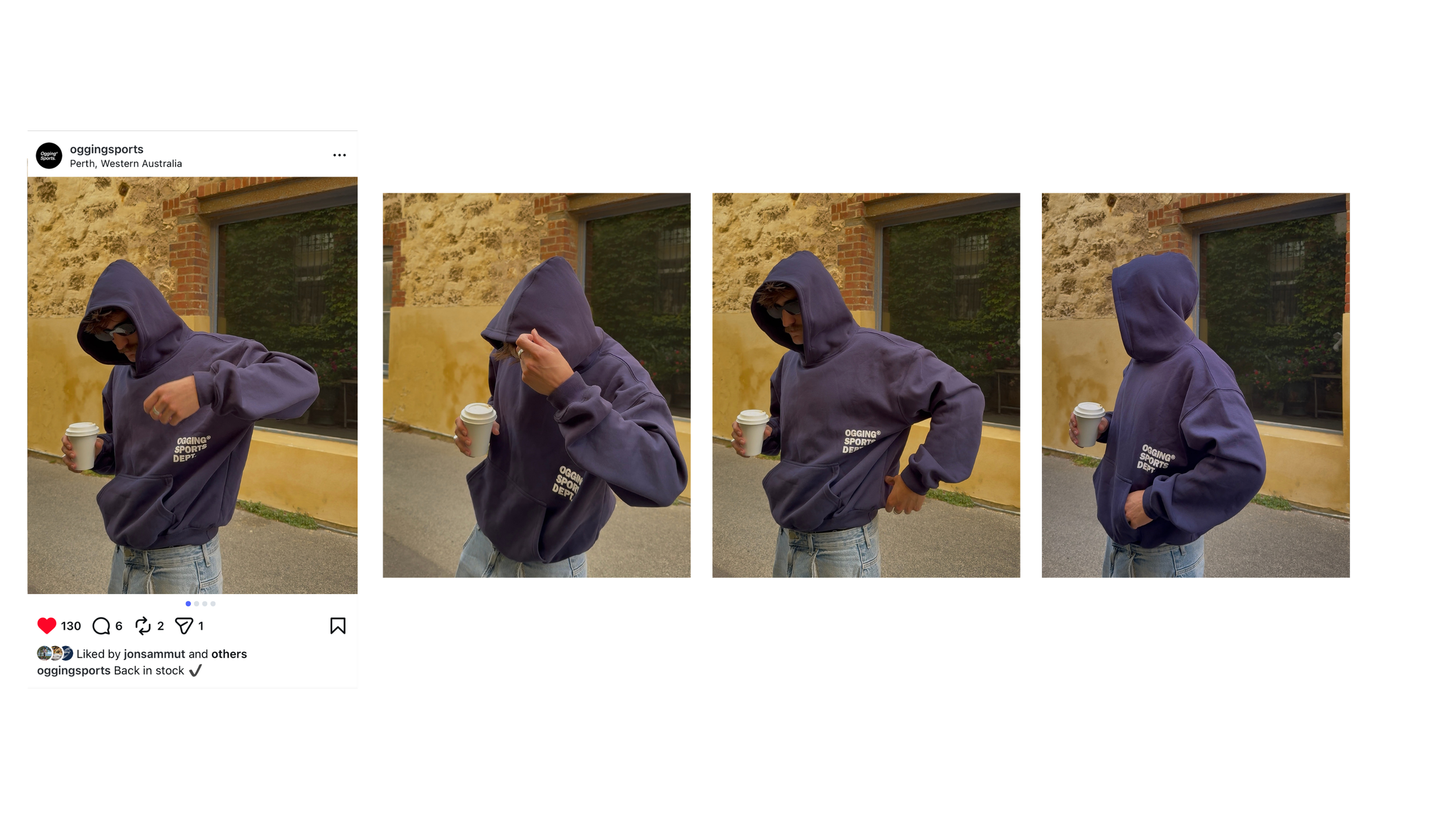 A person wearing a purple hoodie and light blue jeans holding a coffee cup, standing outdoors in front of a yellow wall with a window, in four different poses.