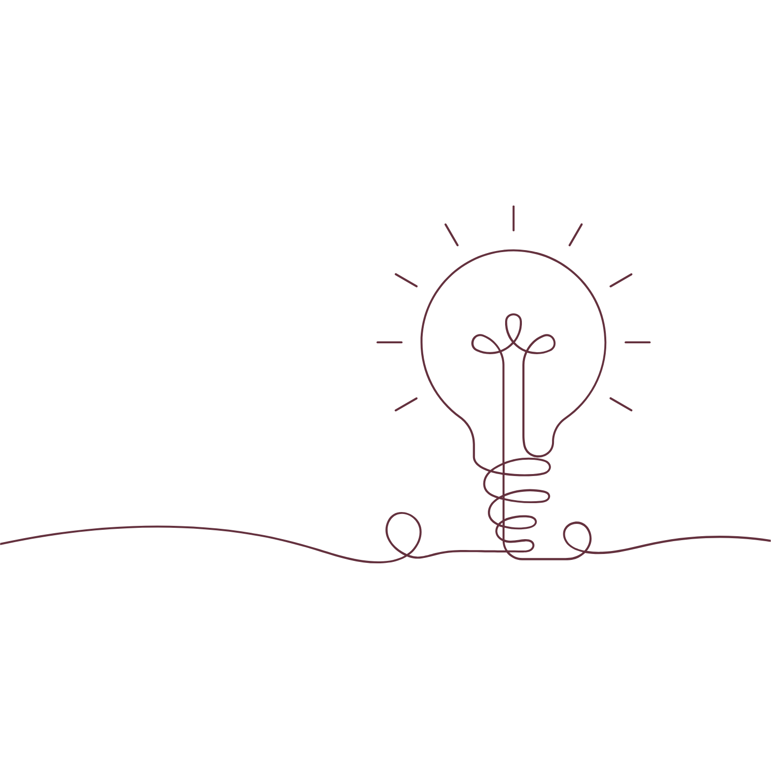A minimalist line drawing of a lightbulb emitting light, with the filament and base lines visible, against a black background.