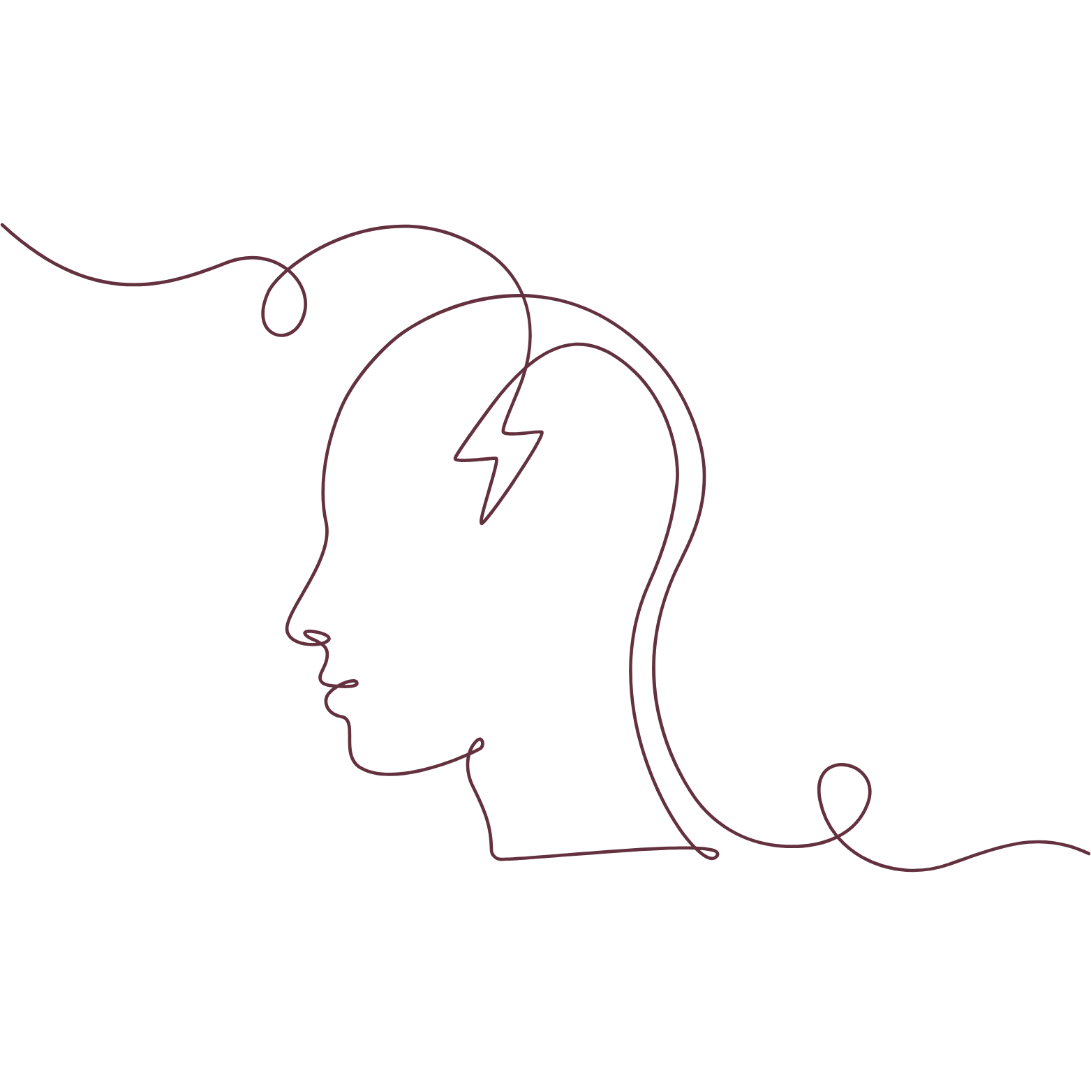 A minimalist line drawing of a human head in profile with a lightning bolt inside the brain area.