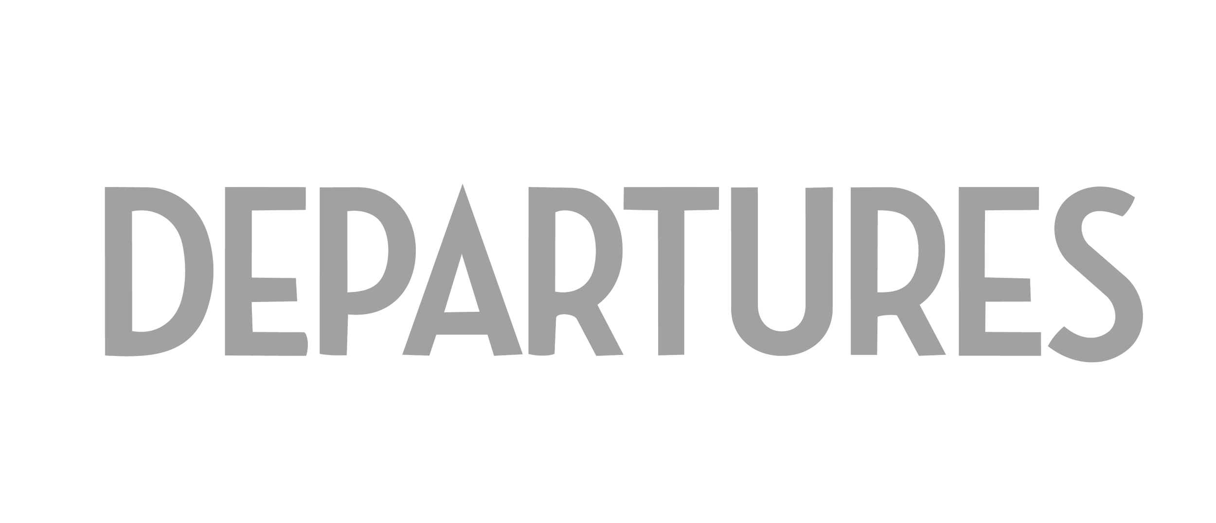 A black sign with large gray letters reading 'DEPARTURES'.
