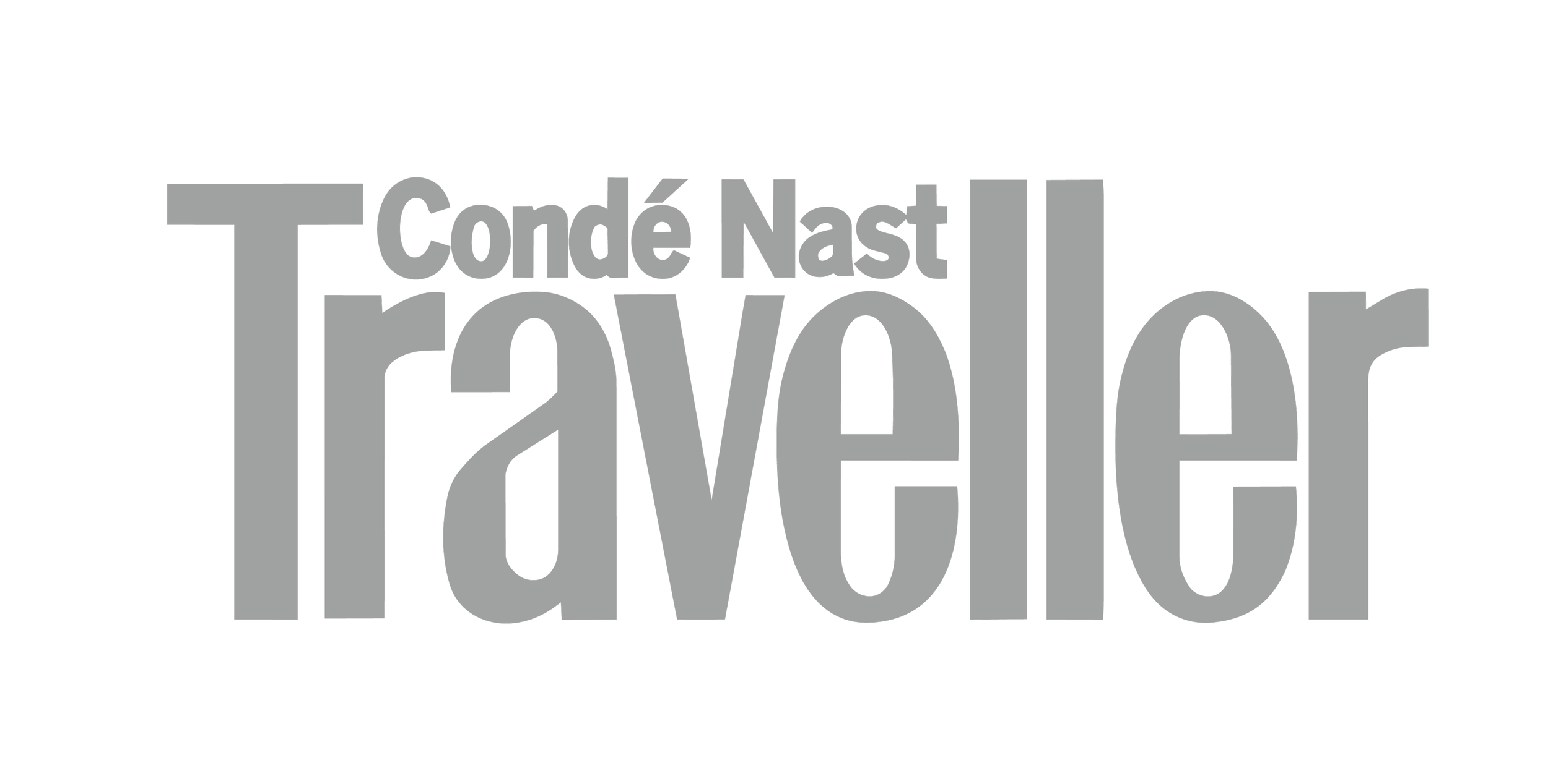 Word cloud with names of travel and lifestyle brands including Travel, Conde Nast, and Traveler in different sizes and shades of gray on black background.