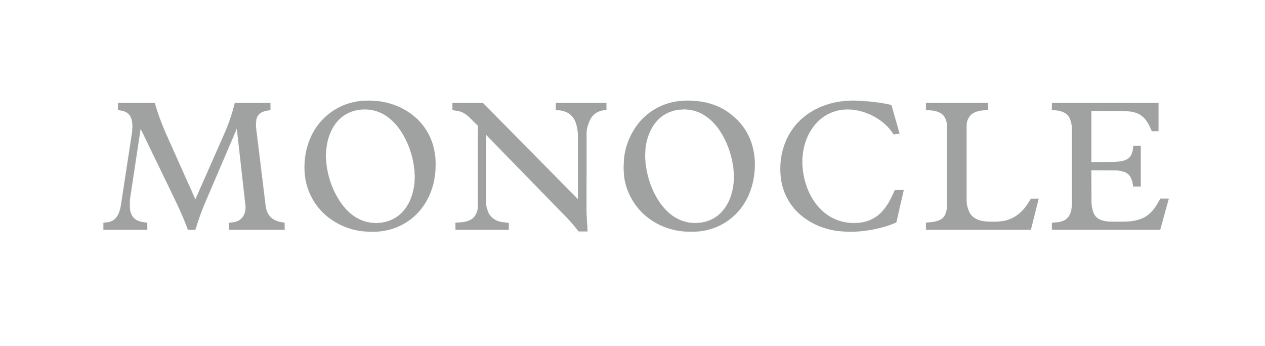 The word 'MONOCLE' in large, gray capital letters on a black background.