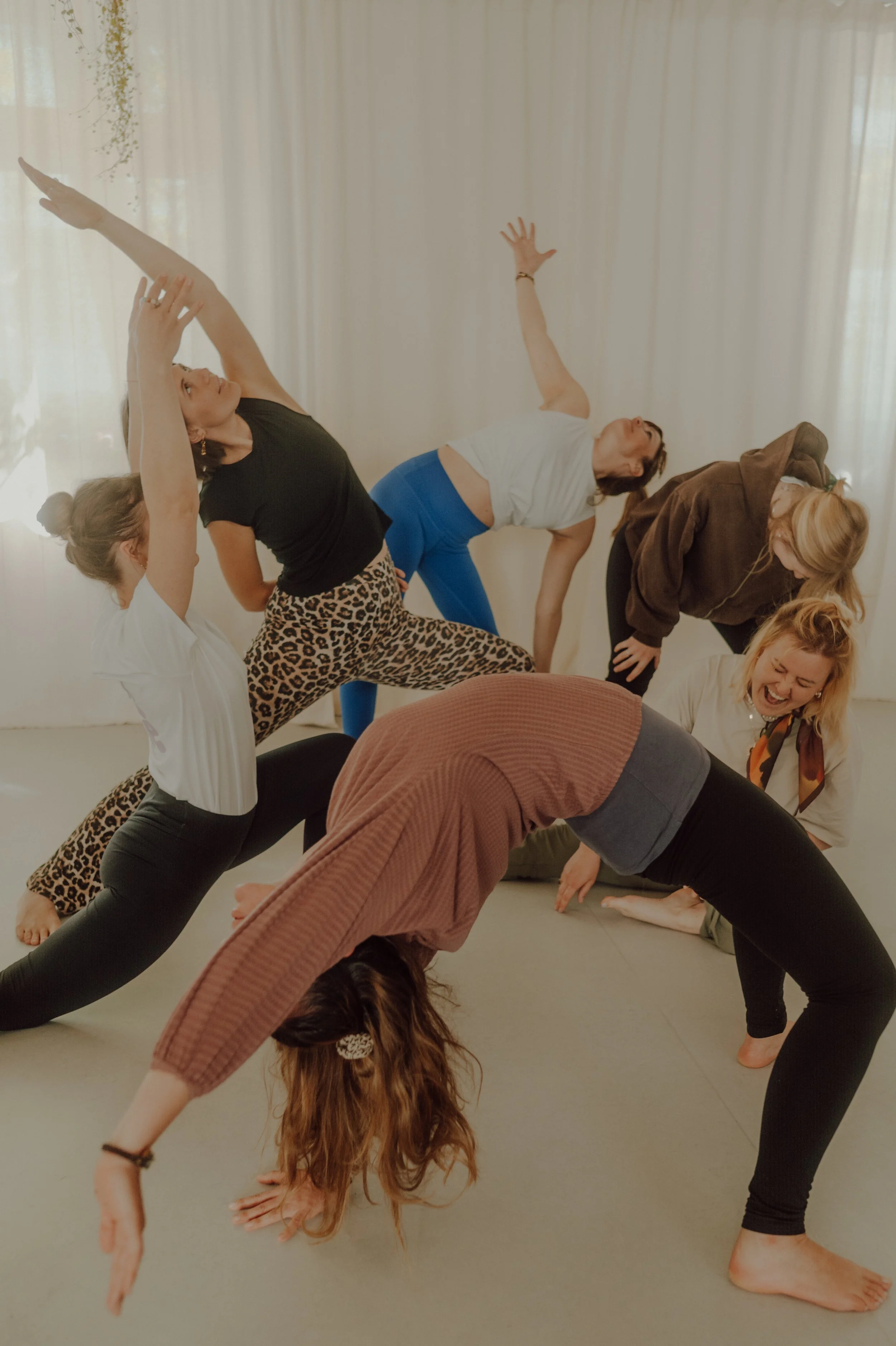 Menschen beim Yoga, die in einer Yogastunde unter Anleitung eines Trainers Dehnübungen machen, im Innenbereich vor weißen Vorhängen.