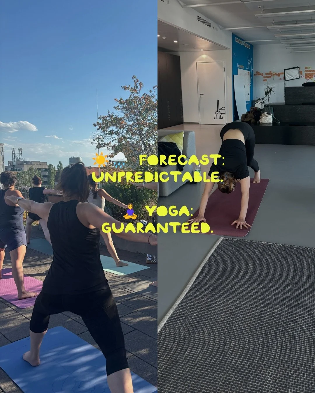 Du schaust dir die Wettervorhersage an und wei&szlig;t nicht, wie du deine Yogawoche planen sollst? ⛈️☀️🌦️😵&zwj;💫
Unsere Location im Celebrate-Office (Donnersbergerbr&uuml;cke) hat beides: eine sonnige Dachterrasse UND einen gem&uuml;tlichen Innen
