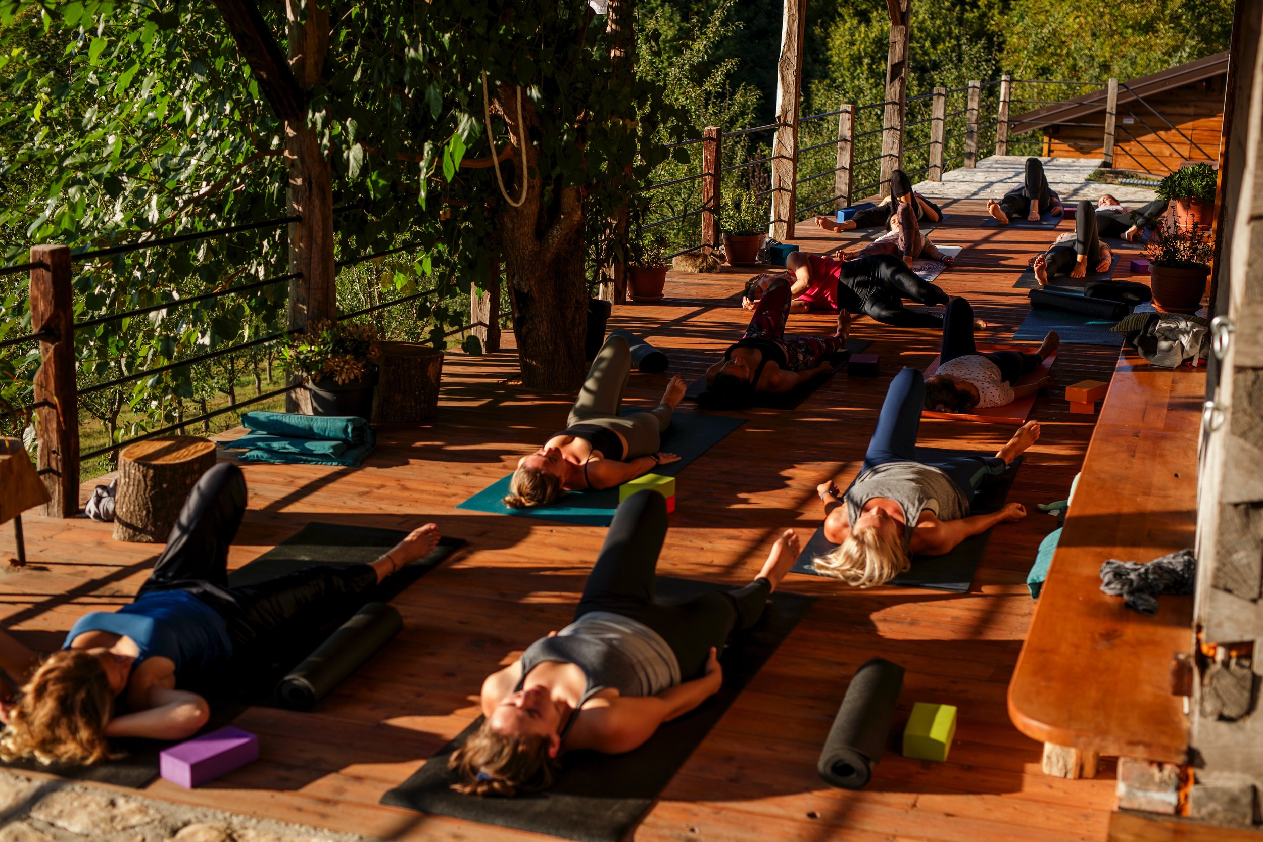 Menschen machen Yoga auf einer Holzterrasse im Freien, umgeben von Bäumen, an einem sonnigen Tag.