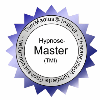 Labels of a certification badge for 'Hypnose-Master (TMI)' from the Thermedius-Institut, featuring a blue starburst design with black and white text.