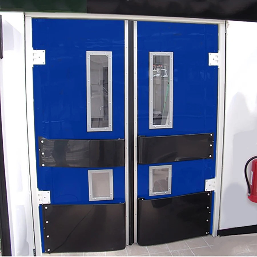 Double blue security or entrance doors with windows and black protective panels.