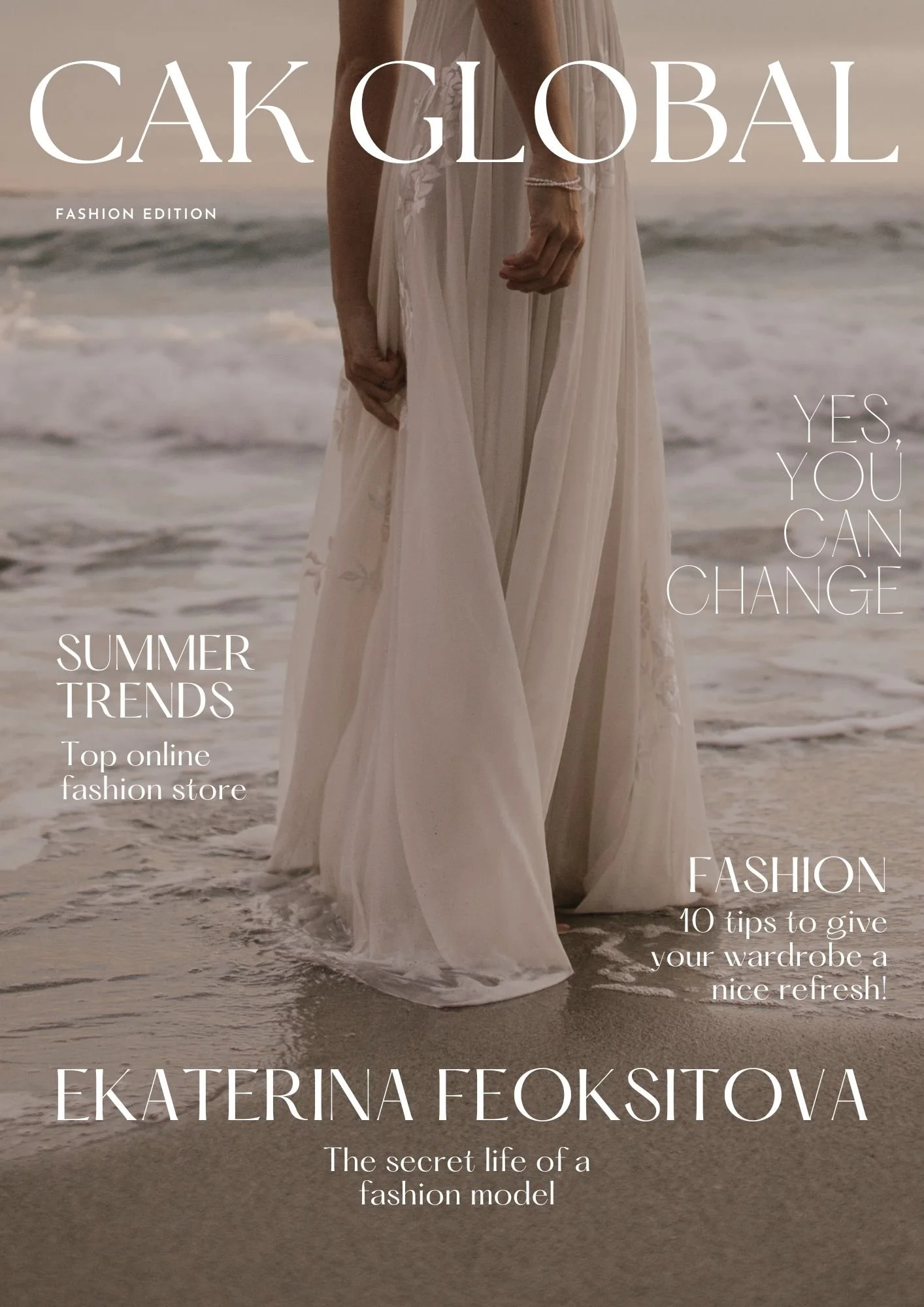 Cover of CAK Global Fashion Edition magazine featuring a woman in a flowing dress standing at the beach.