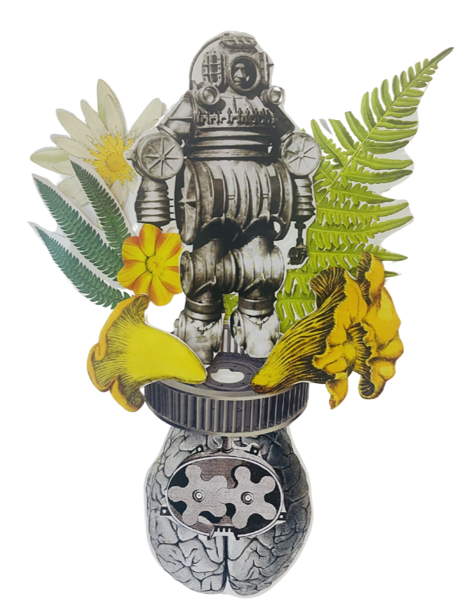 Kunstnerisk collage med vintage robot, grønne bladplanter, gule blomster, en banan og et gult løvehoved.