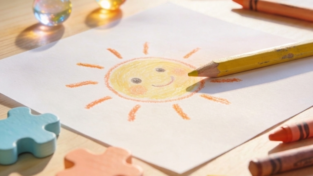 Zeichnung einer lachenden Sonne mit Gesicht, umgeben von Strahlen, auf einem weißen Blatt Papieren, umgeben von Wachsmalstiften und Spielzeugpuzzleteilen.