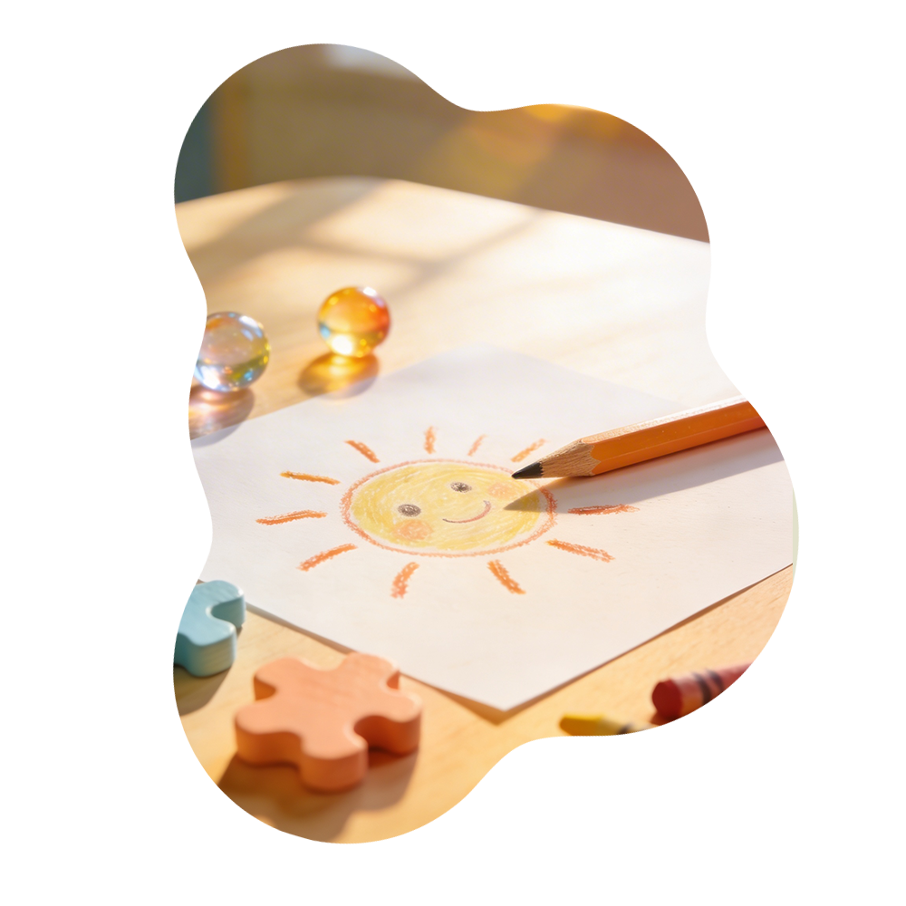 Zeichnung einer lachenden Sonne auf einem weißen Blatt Papier, umgeben von bunten Puzzleteilen und Glaskugeln, auf einem Holzgeschirr