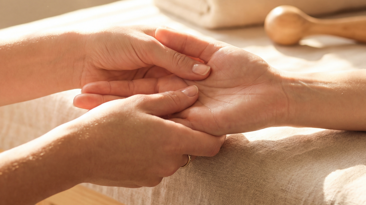 Nahaufnahme von einer Person, die eine andere Person am Handgelenk hält, wahrscheinlich bei einer Massage oder ausholenden Handbewegung, auf einem Stofftisch bei natürlichem Licht.