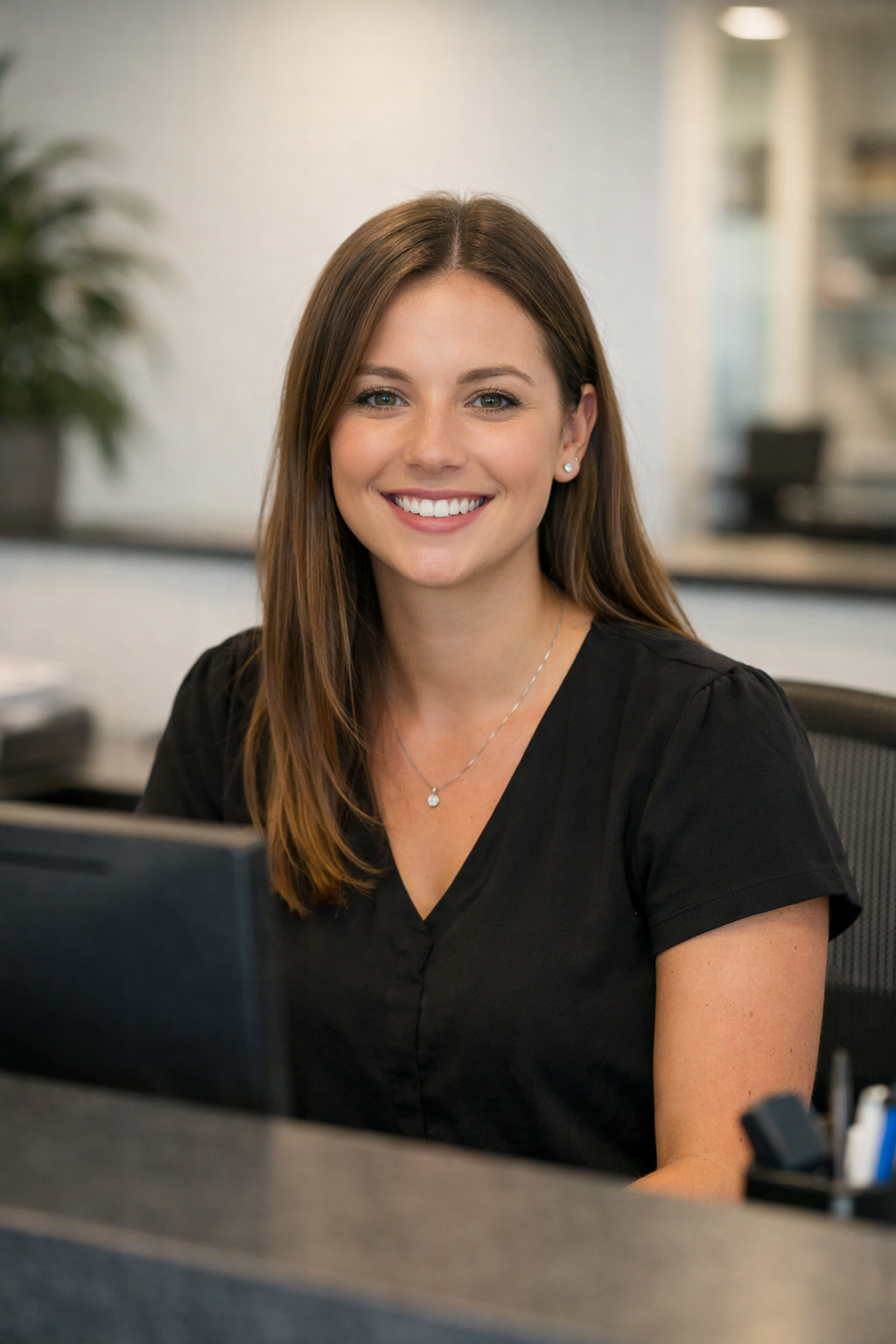 A woman with long brown hair and a black shirt sitting at a desk, smiling at the camera in an office environment.