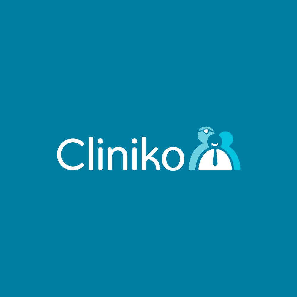 Logo for Cliniko featuring stylized figures of a doctor and a patient, with the text 'Cliniko' on a teal background.