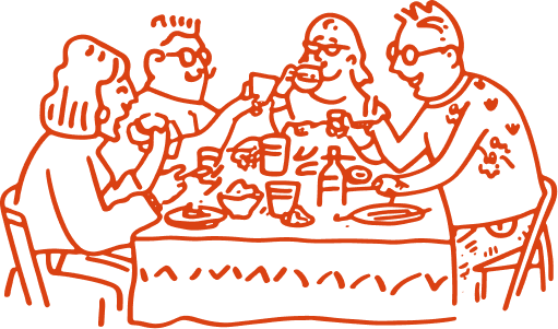 Line drawing of four people sitting around a table, clinking glasses in a toast, with plates and drinks on the table.