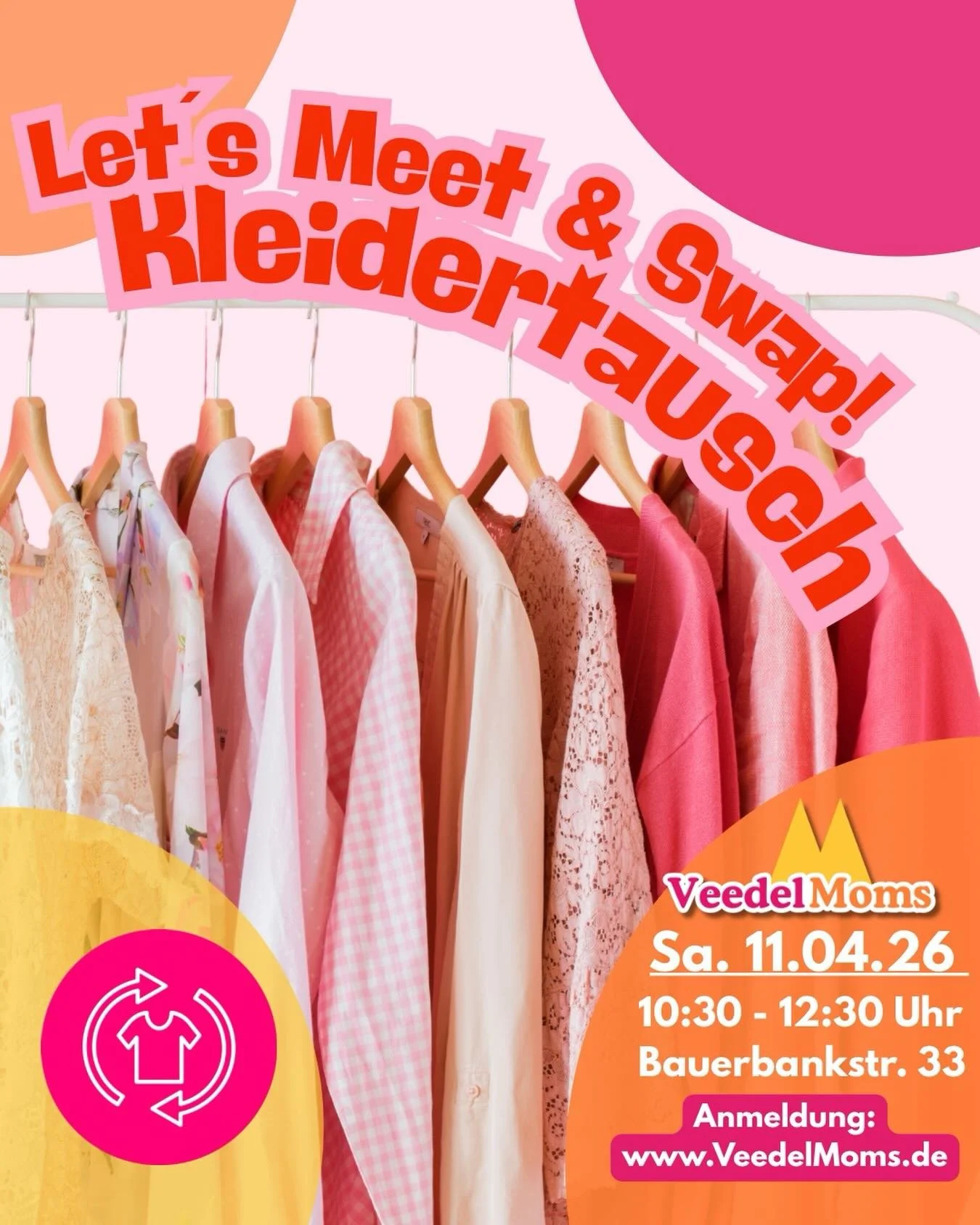 Let&rsquo;s meet &amp; swap 💫 &ndash; unser erstes VeedelMoms Treffen mit Special!
Wir starten mit euch in ein ganz besonderes Format:
KLEIDERTAUSCH &ndash; Frauen Edition bei VeedelMoms 👗✨
📅 Samstag, 11.04.2026
⏰ 10:30 &ndash; 13:30 Uhr
Unser ers