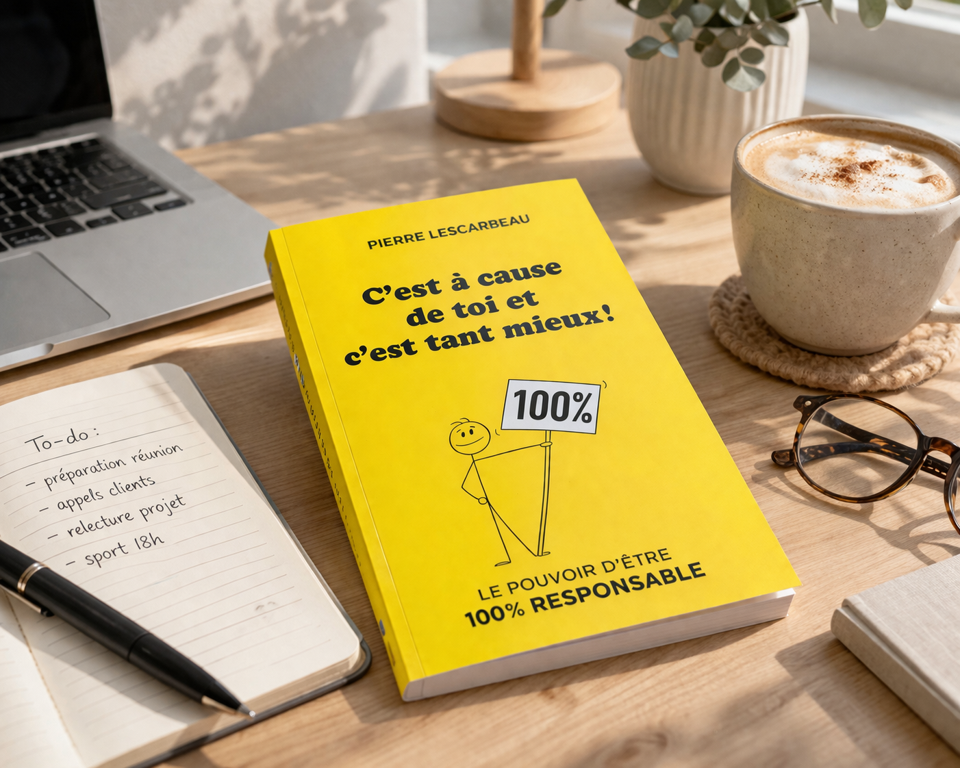 Le livre C'est à cause de toi et c'est tant mieux de Pierre Lescarbeau, sur un bureau avec une tasse de café et des lunettes.