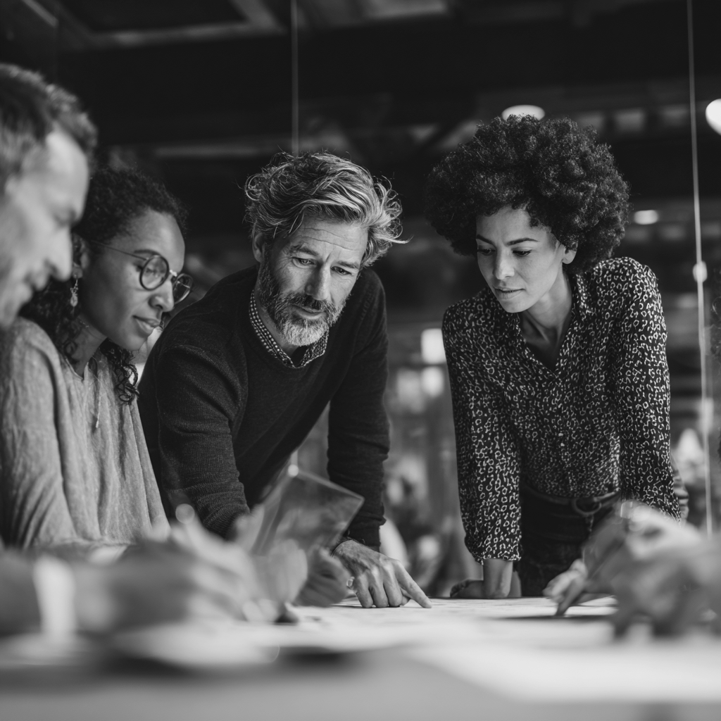 Équipe de gestionnaires en discussion lors d'un atelier de formation en leadership avec Pierre Lescarbeau.
