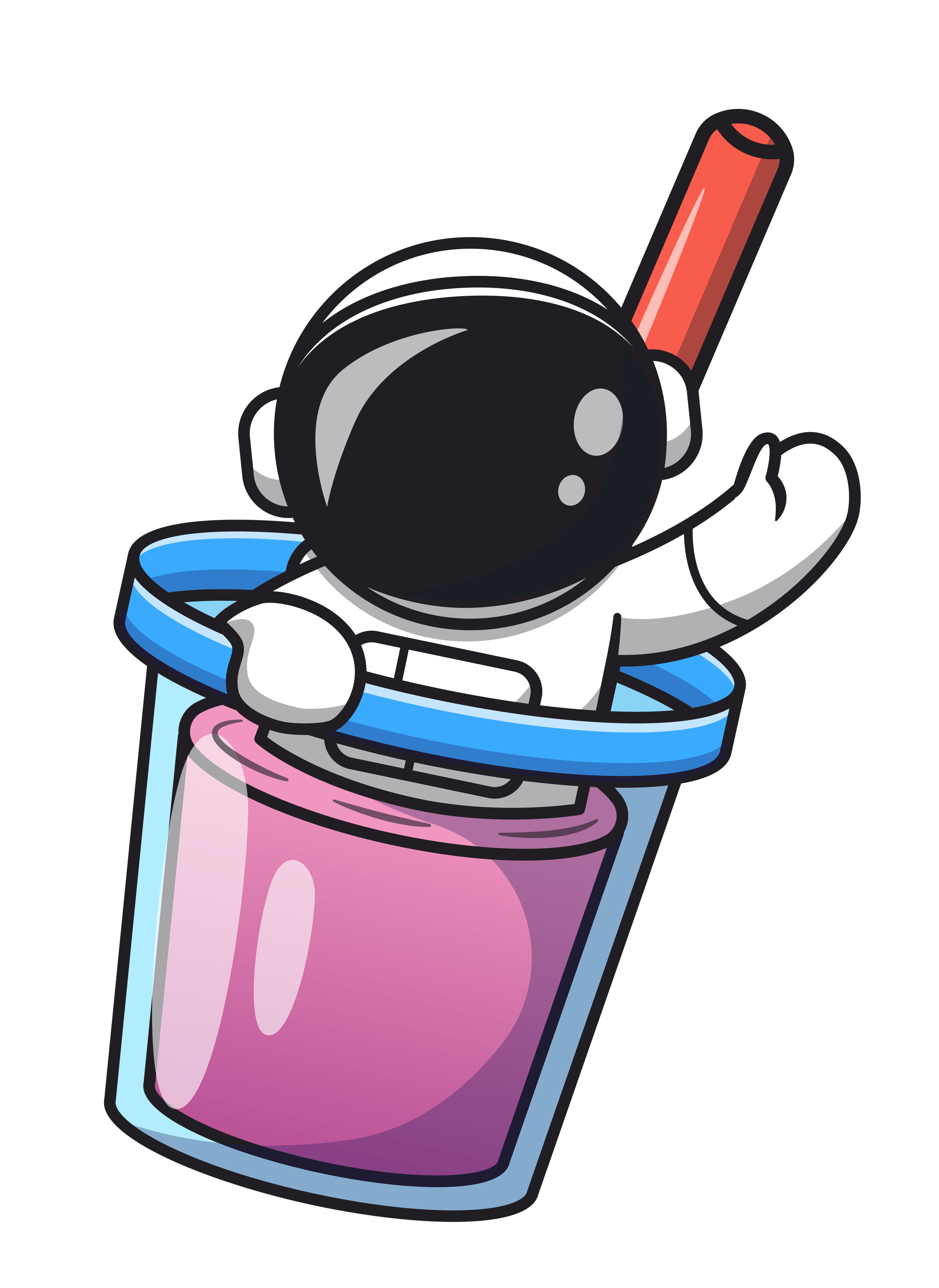 Cartoon astronaut floating inside a pink soda bottle with a blue ring, holding a red straw, against a black background.