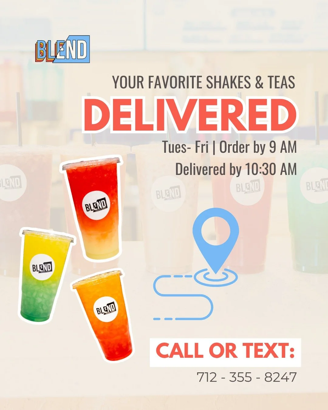 We know life gets busy. Let us take one thing off your plate and bring your favorite shakes, teas, and bowls right to you. Here's how it works:

📅 Available Tuesday through Friday
⏰ Place your order by 9:00 AM
🚚 Delivery runs 9:30 to 10:30 AM

📍 C
