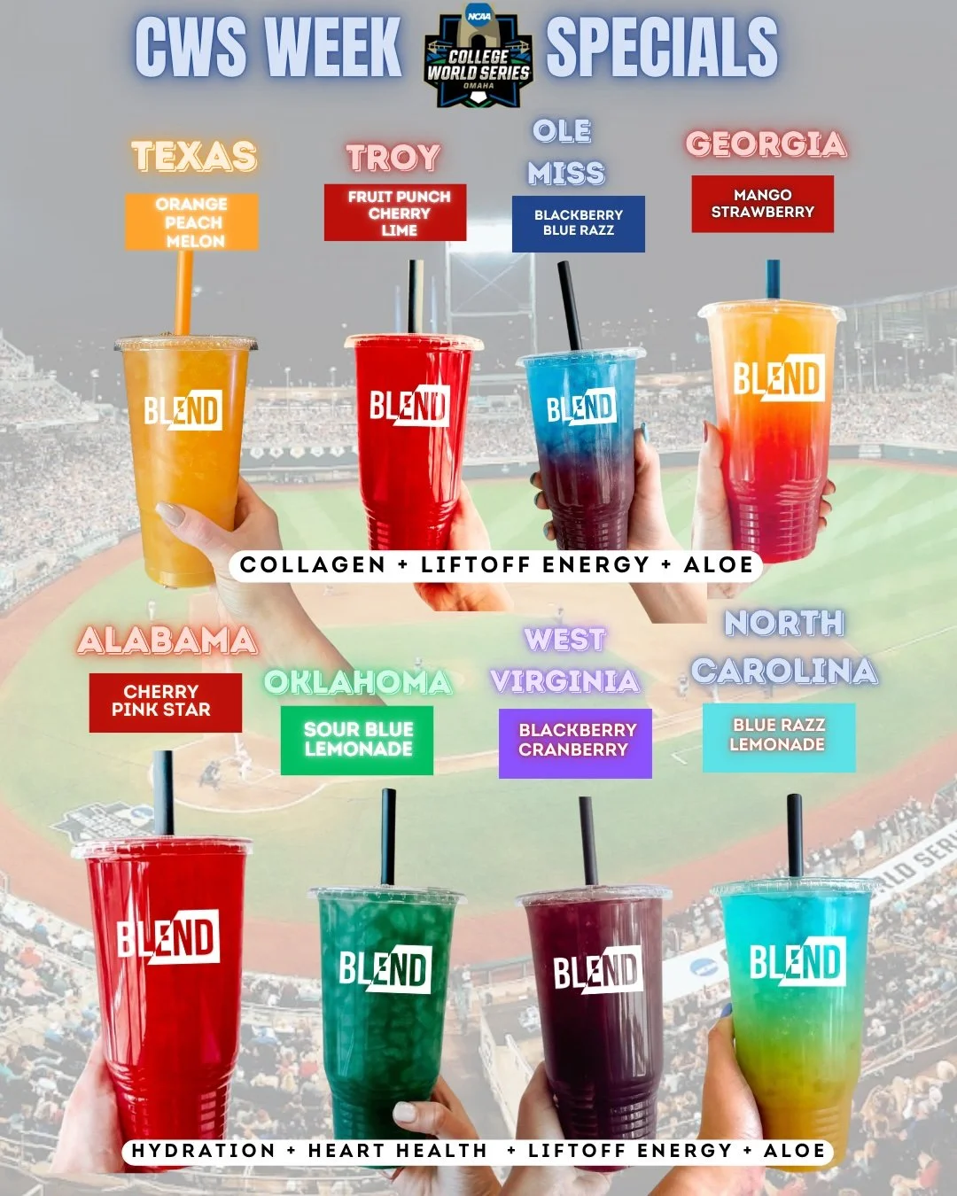 CWS Week Specials are HERE and we went all out. ⚾🔥

8 teams. 8 drinks. Zero bad choices.

Whether you're repping Texas, cheering on Georgia, or just here for the Sour Blue Lemonade &mdash; we've got your cup ready.

Stop in while they are here! 

 ?