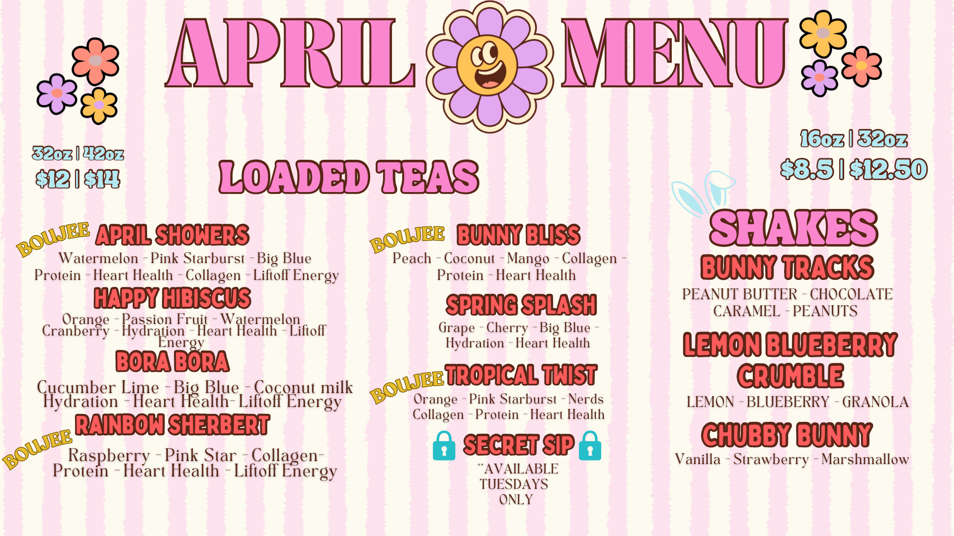 April menu featuring loaded teas, shakes, and bunny tracks, with various flavors and prices listed