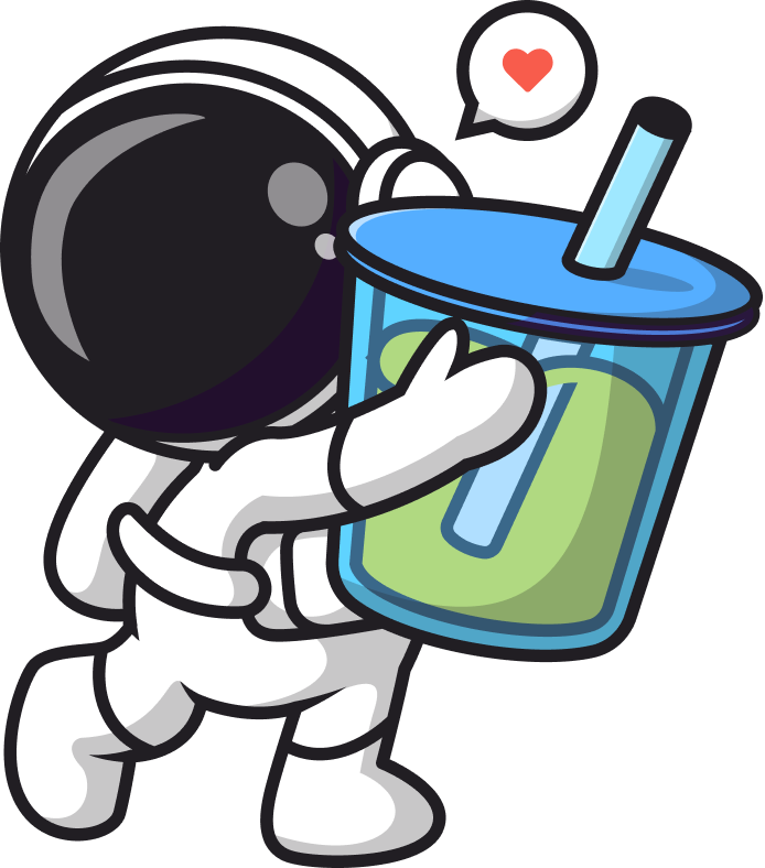 Cartoon astronaut hugging a large cup with a straw, with a heart above their head.