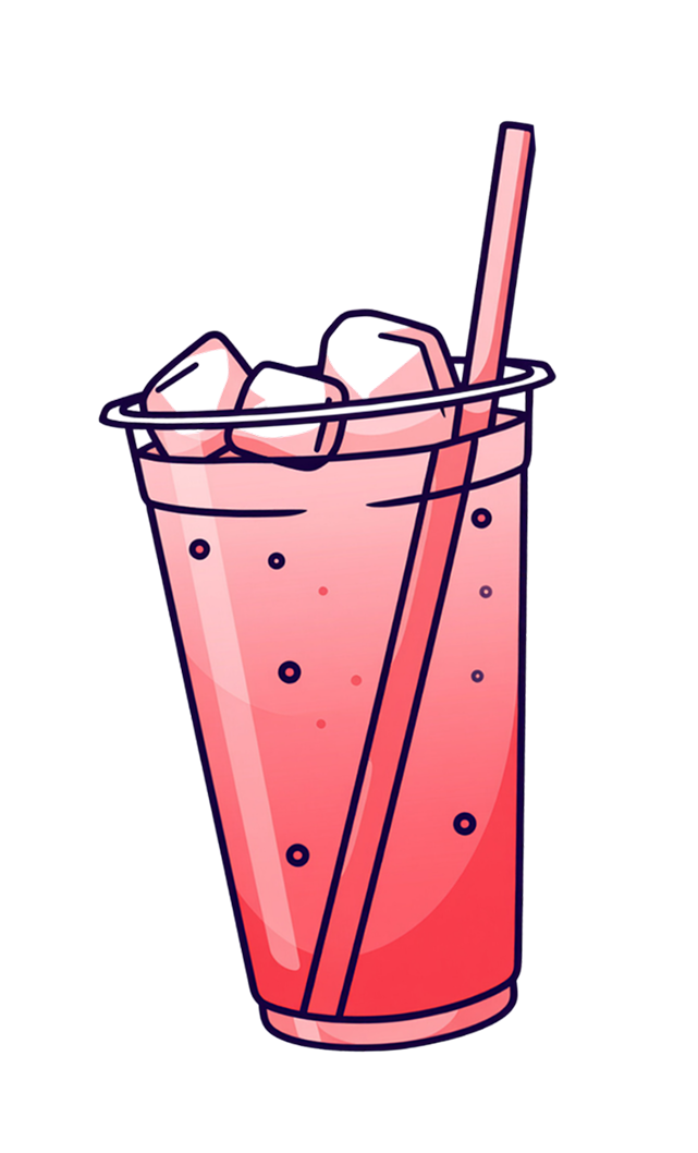 Illustration of a pink container with ice cubes, a straw, and dark bubbles, resembling a soda or fruit drink.