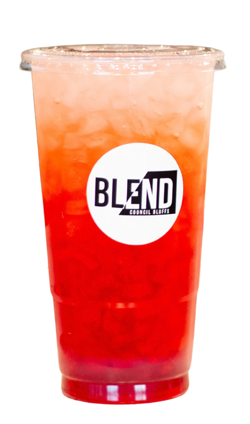 A clear plastic cup filled with a red, icy drink with a black straw, labeled with the 'BLEND Council Bluffs' logo.