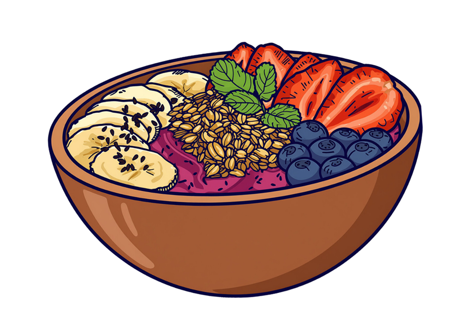 Illustration of a smoothie bowl with sliced bananas, blueberries, strawberries, granola, and mint leaves on top.