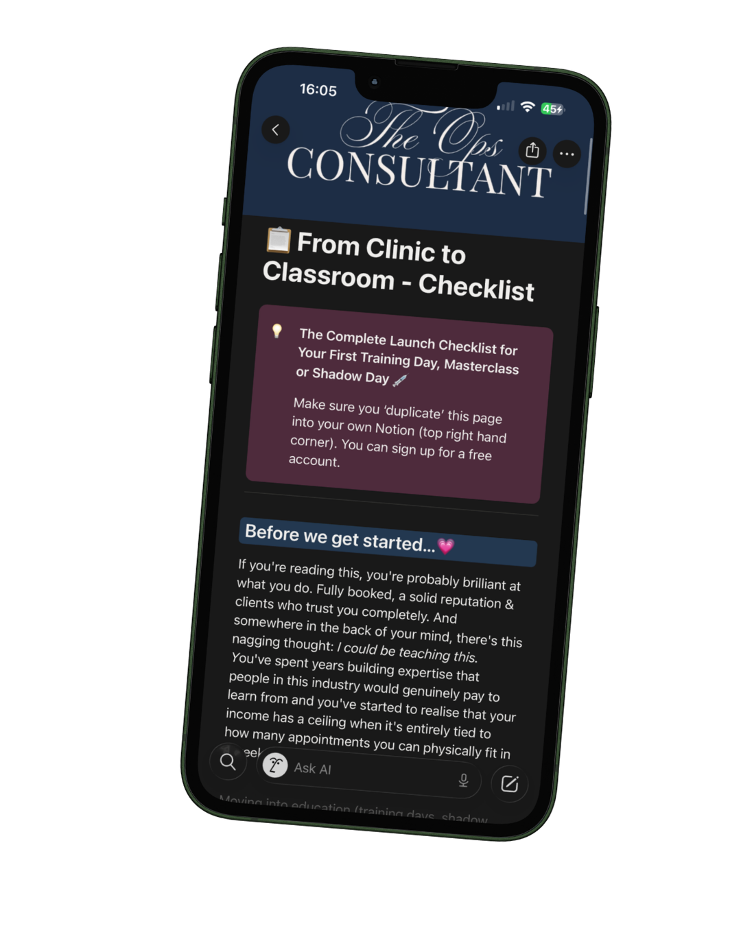 Mobile phone screen displaying a webpage titled "From Clinic to Classroom - Checklist" with section headings and instructional text about launching and training, featuring a dark theme with blue and purple elements.
