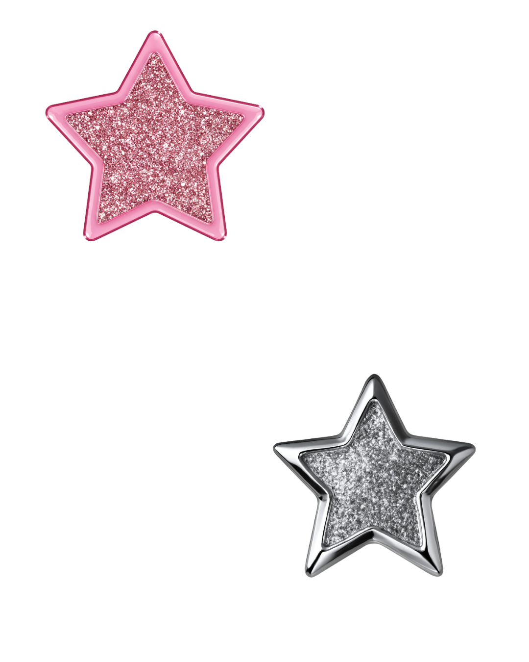 Pink glitter star and silver glitter star with metallic frames.