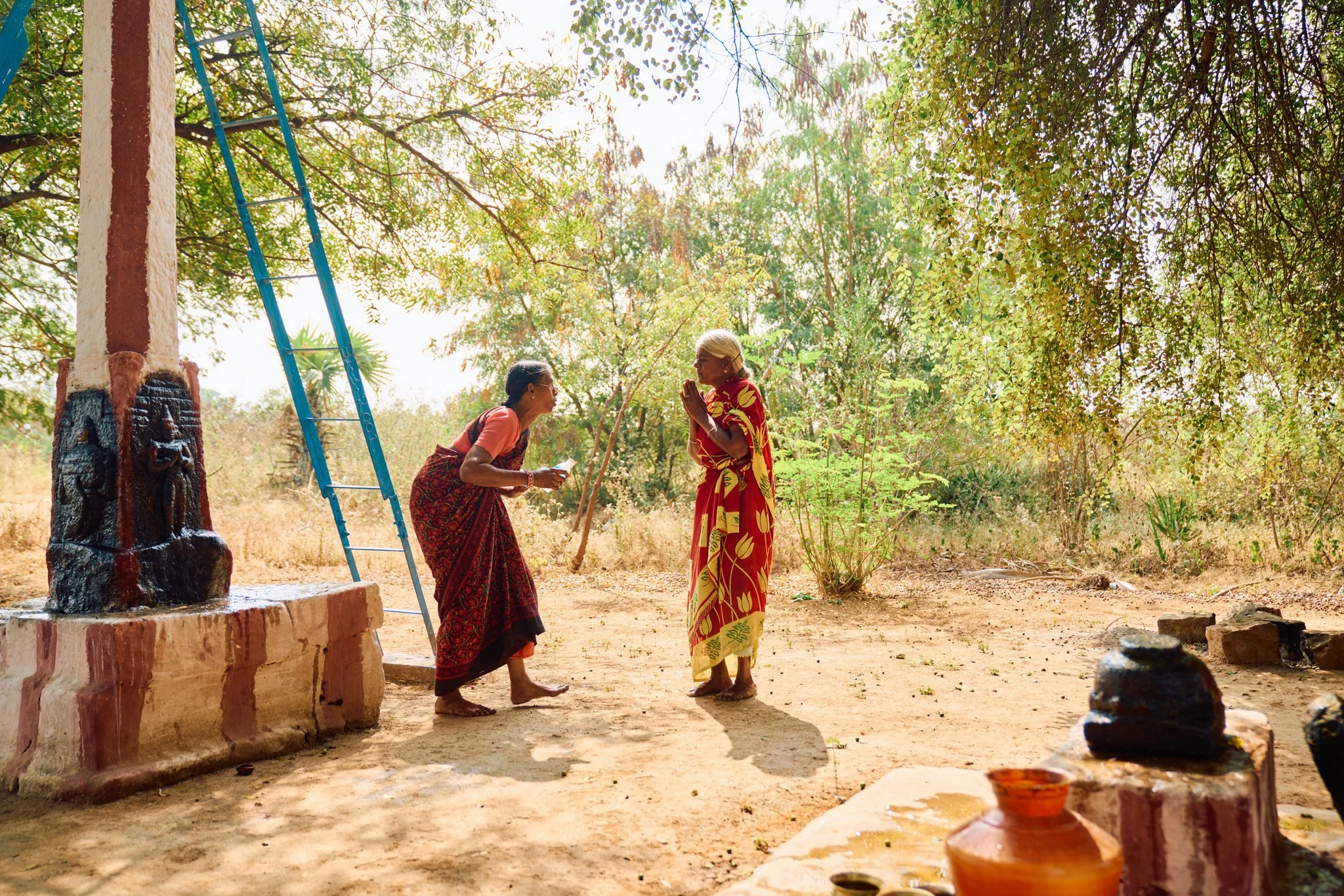 Morning prayers at the temple alongside the cotton field.
