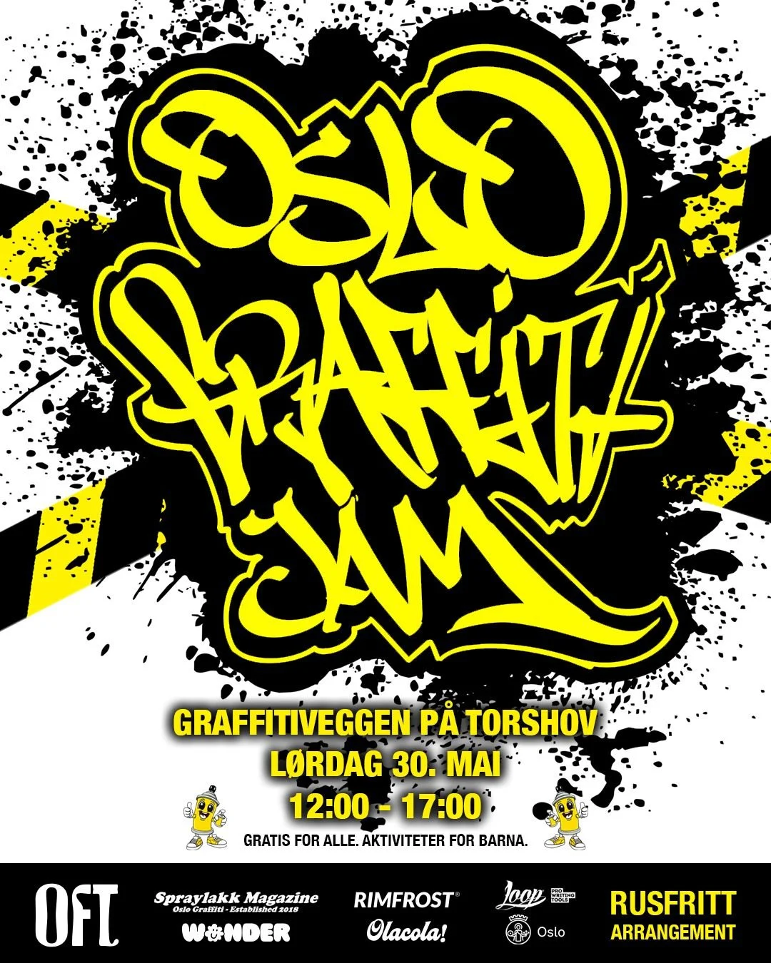 Oslo Graffitijam poster: Graffitiveggen på Torshov lørdag 30. mai 12:00-17:00. Gratis for alle. Aktiviteter for barna.