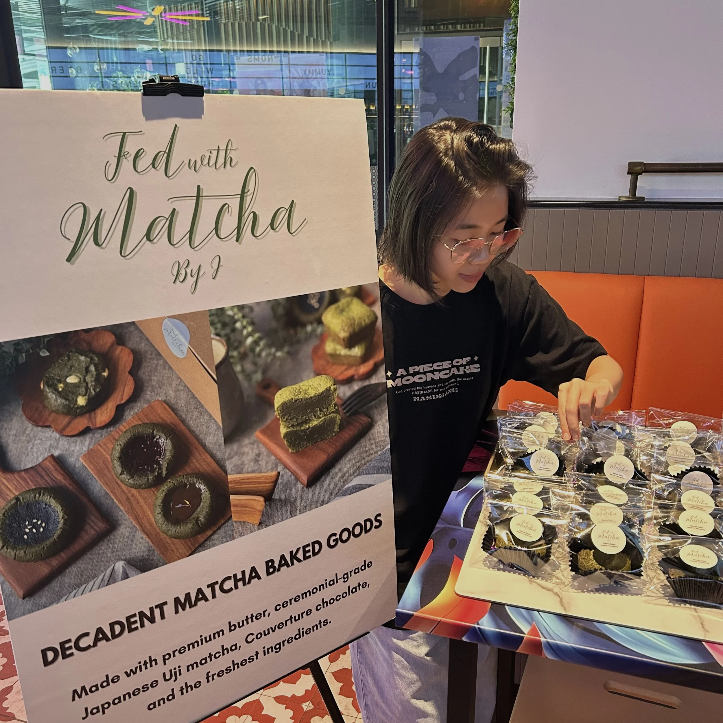 FedwithMatcha matcha dessert display featuring matcha brownies and matcha baked goods made with ceremonial-grade Uji matcha