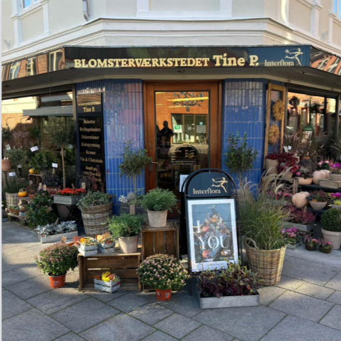 Flower shop with various plants and flowers displayed outside, with sign reading 'Blomsterværkstedet Tine P.' and a framed poster on an easel.
