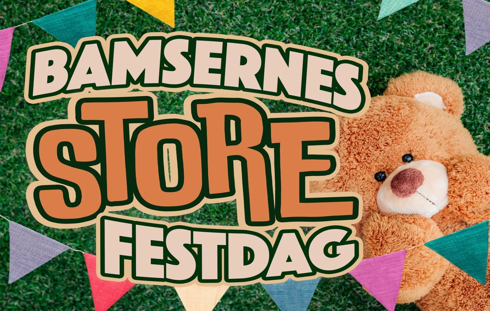Decorative sign reads 'BAMBERN'S STORE' with a plush teddy bear lying next to it, set against a grassy background with colorful triangular pennant banners overhead.