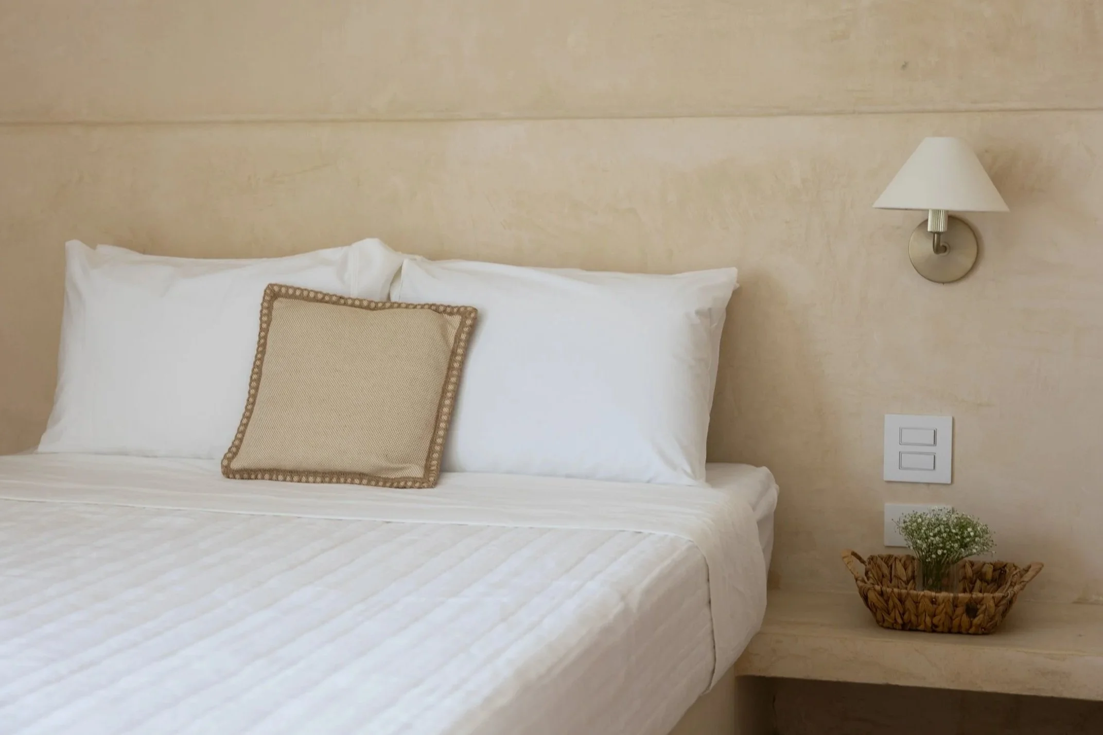 A neatly made bed with white pillows and a beige decorative pillow, a wooden nightstand with a basket holding green foliage, a wall lamp, and a light switch on a beige wall.