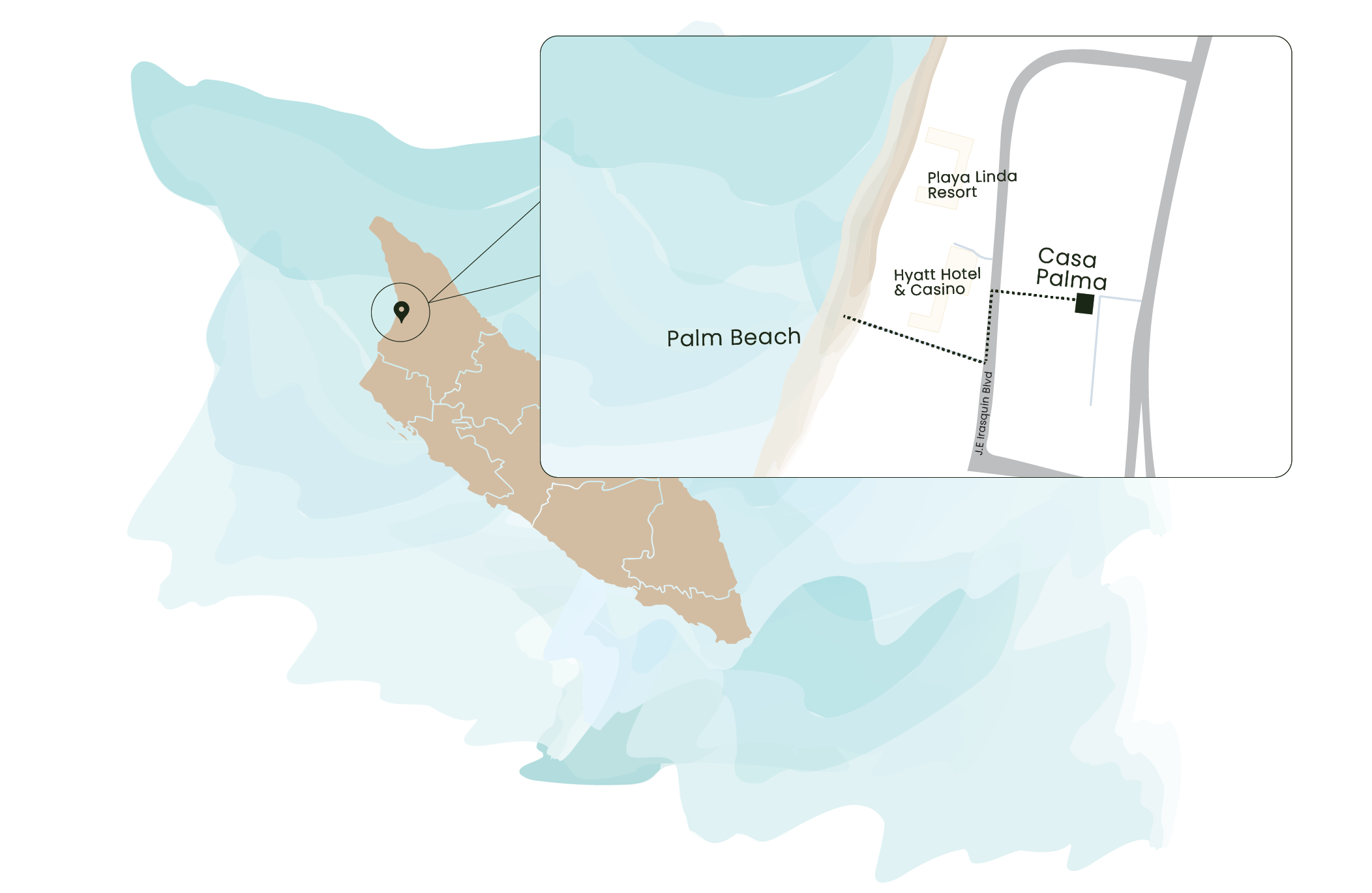 Map showing location of Palm Beach, Florida, with a zoom-in inset of the area around Casa Palma, including Playa Linda Resort, Hyatt Hotel & Casino, and nearby streets.