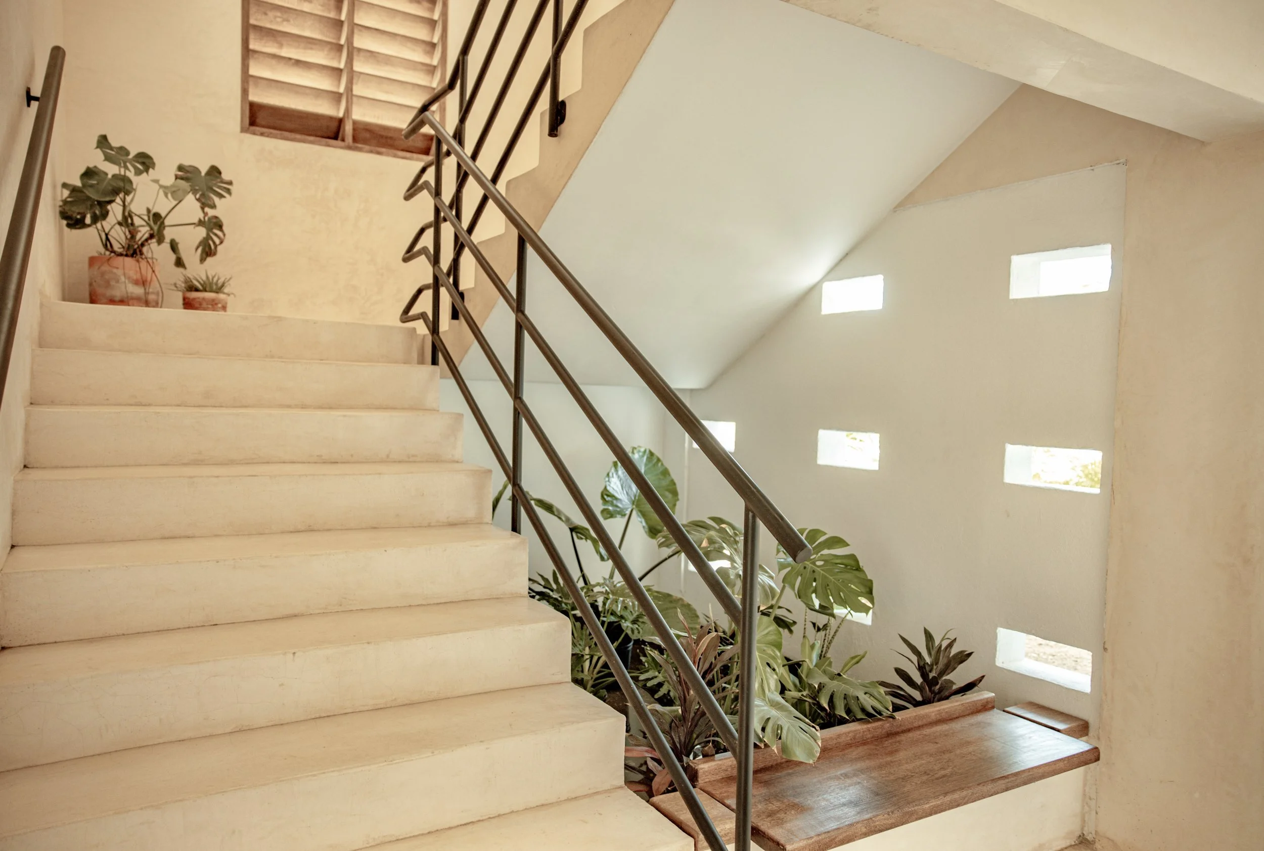 Interior view of a staircase with a metal handrail, potted plants on a ledge, and small rectangular windows allowing natural light in a modern home.
