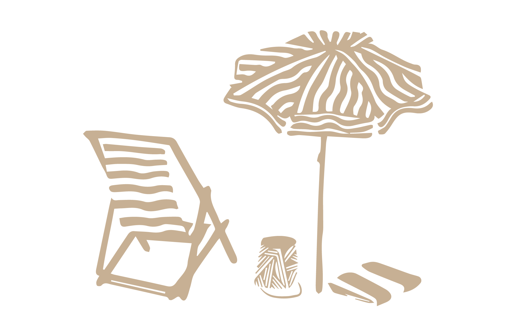 Line drawing of a beach scene with a striped lounge chair, a large striped umbrella, a small striped barrel, and two wooden planks on sand.
