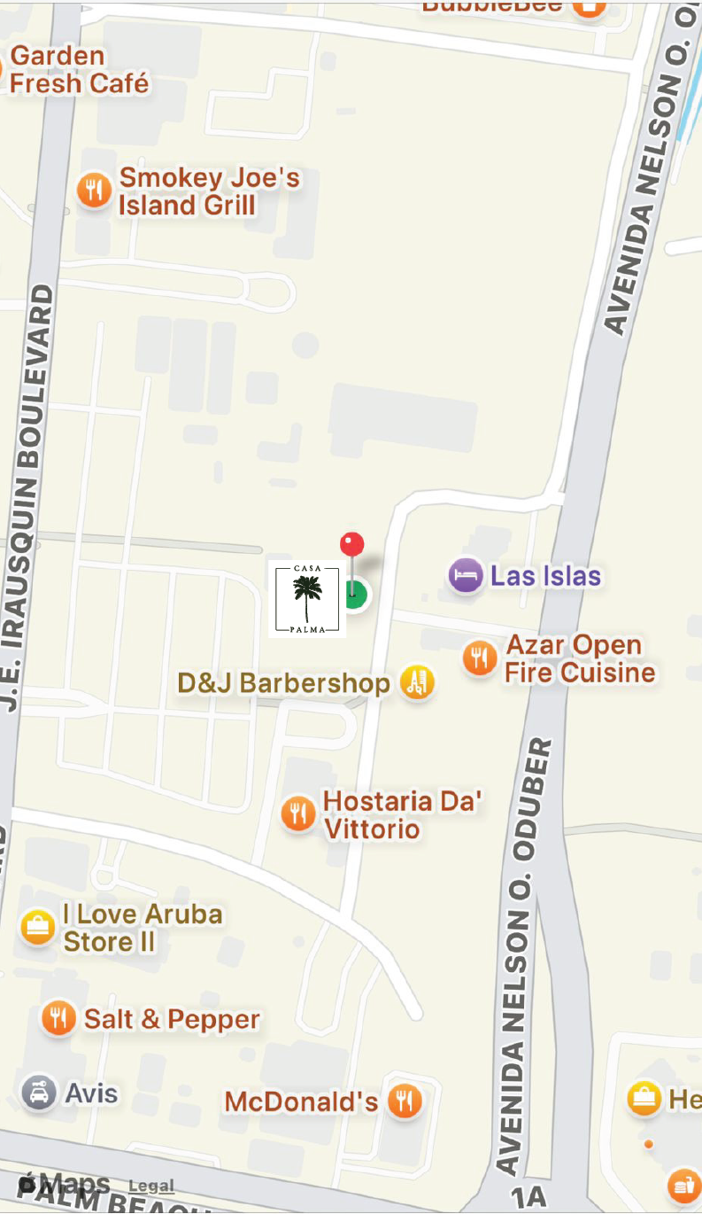 A map showing locations of various restaurants, cafes, and stores near Casa Palma, including Smokey Joe's Island Grill, Azar Open Fire Cuisine, Hostaria Da Vittorio, McDonald's, Salt & Pepper, I Love Aruba Store II, and others, along with major roads
