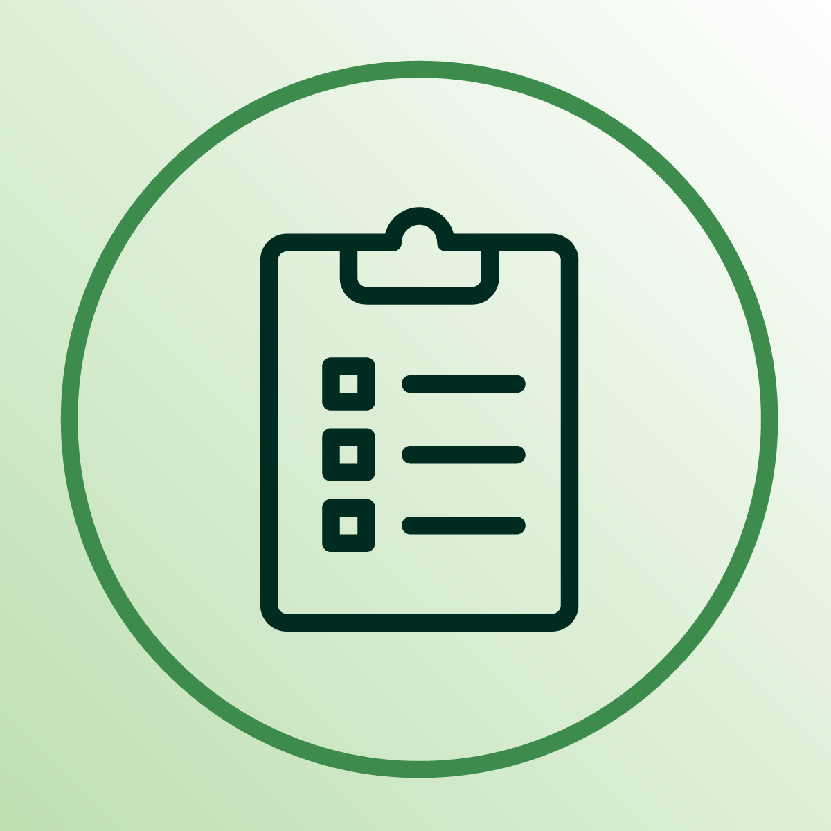 Icon of a clipboard with a checklist on a light green gradient background.