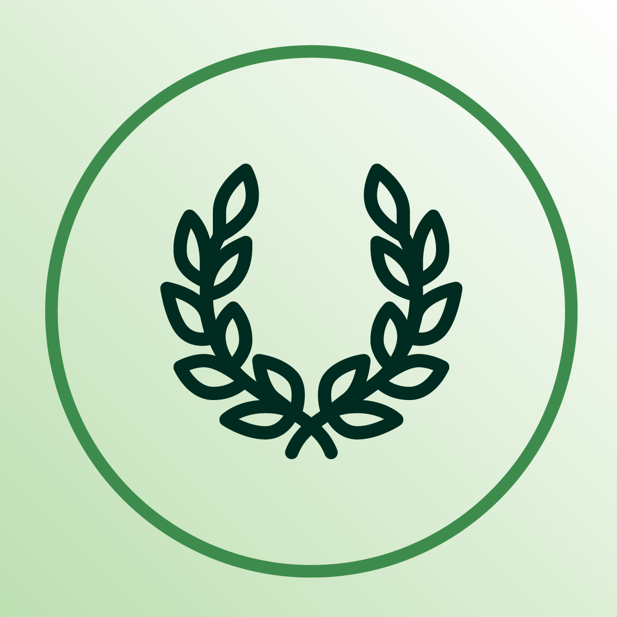 A graphic of a laurel wreath inside a circle on a light green gradient background.